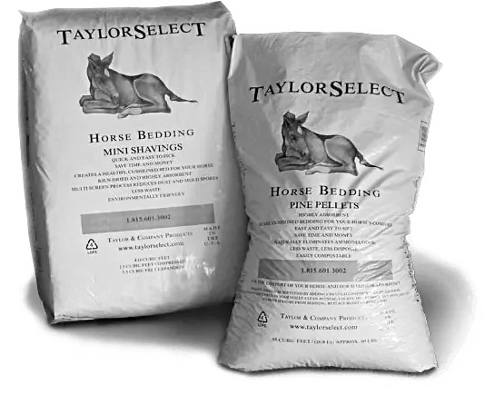 Two bags of Taylor Select horse bedding, labeled as mini shavings and pine pellets.