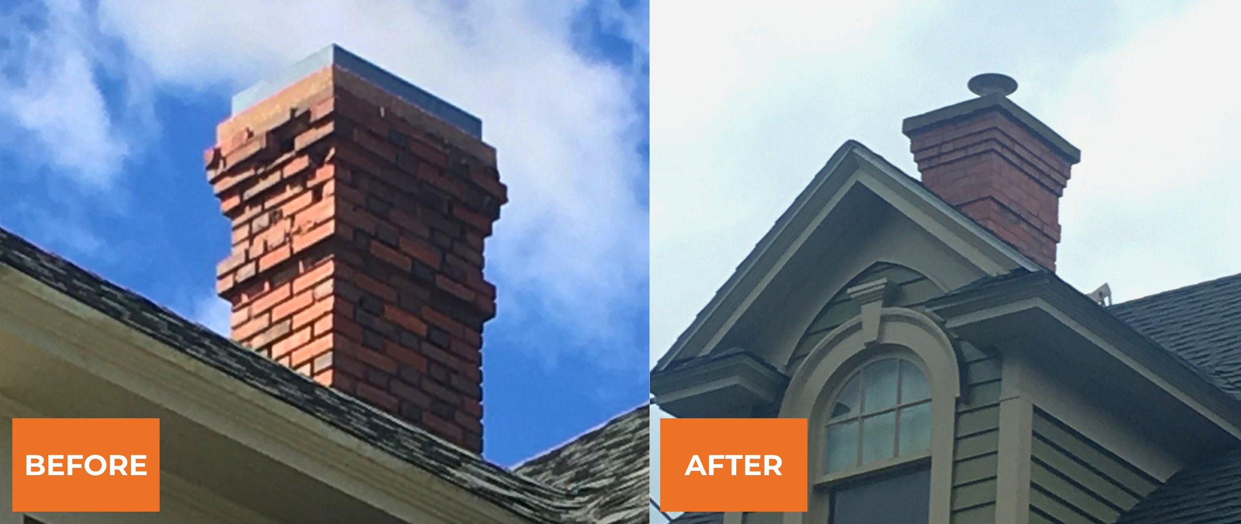 Comparison of two chimney repairs on house roofs, with a chimney replaced by new siding and trim on the right.