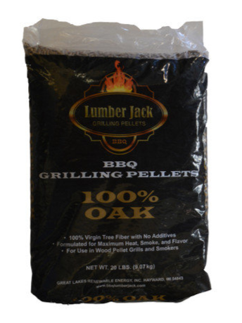 Bag of Lumber Jack BBQ grilling pellets made from 100% oak wood.