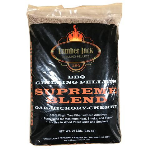 20-pound bag of Lumber Jack Supreme Blend BBQ grilling pellets in oak, hickory, cherry flavors.