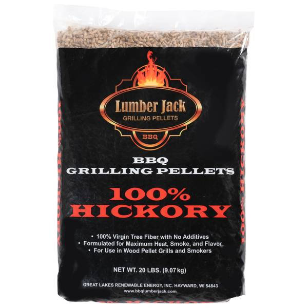 A black bag of Lumber Jack grilling pellets labeled 100% Hickory, with a net weight of 20 pounds.