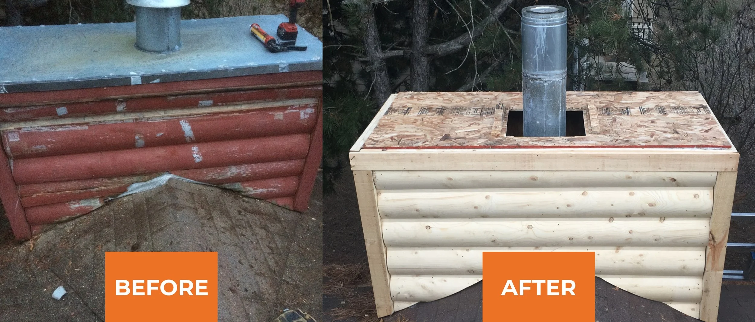 Comparison of a weathered log cabin-style outdoor fireplace before and after renovation. The 'before' side shows chipped red paint and damaged wood, while the 'after' side features new, light-colored wood and a clean appearance.
