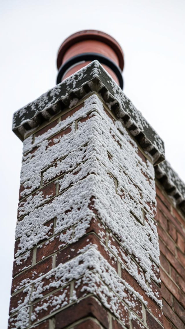 Close-up of snow-covered brick chimney with smoke pipes at the top, seen from below against a cloudy sky.