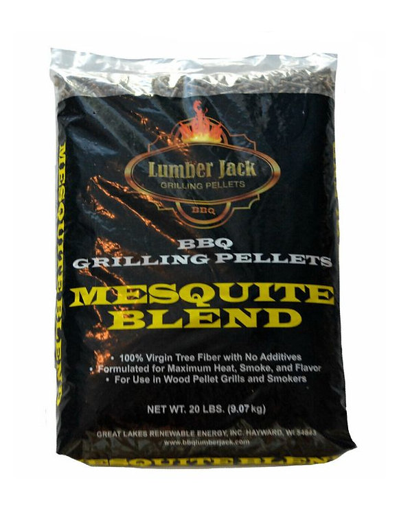 A black bag of Lumber Jack BBQ Mesquite Blend grilling pellets with yellow and white text, and a fire logo at the top.