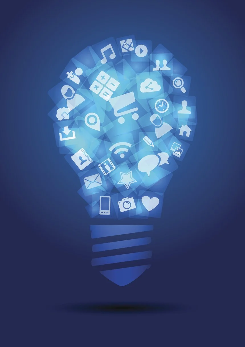 Illustration of a lightbulb made up of various digital and social media icons, representing technology and innovation.