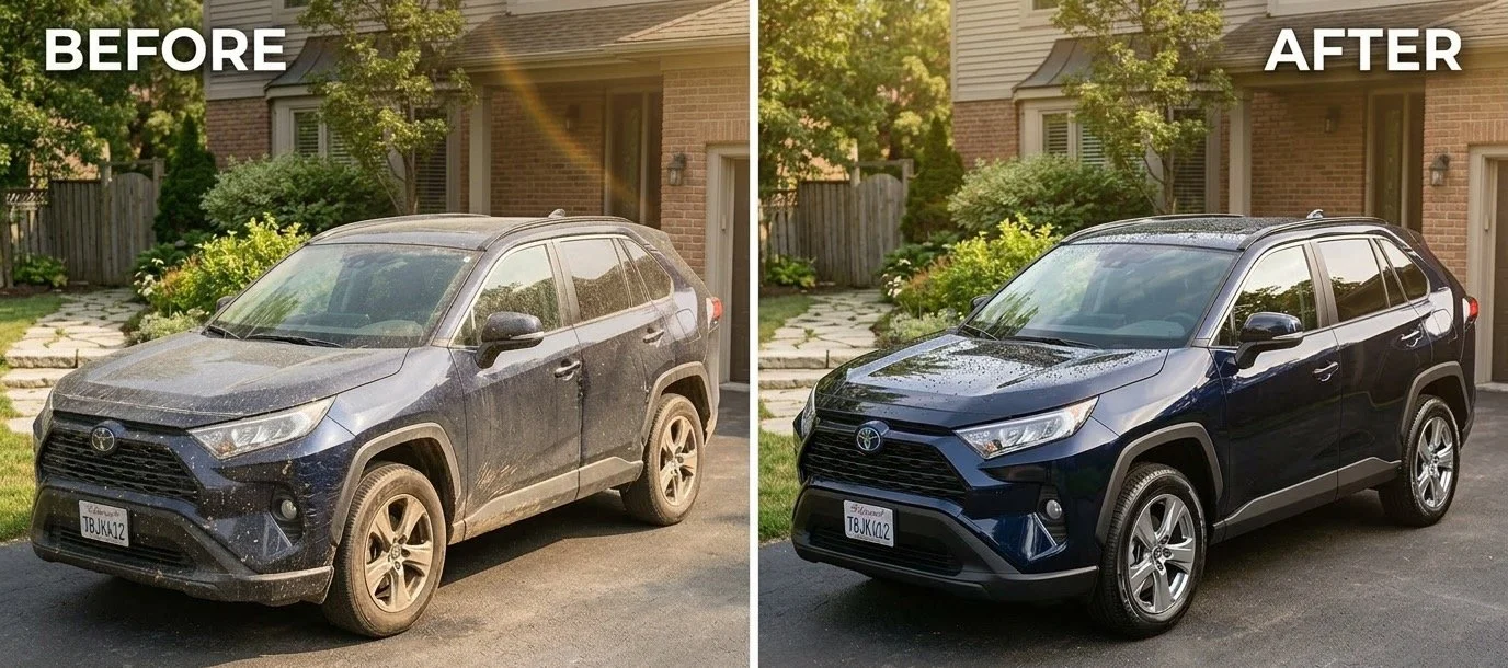 Side-by-side comparison of a dirty, dusty blue SUV before cleaning on the left and a clean, shiny black SUV after cleaning on the right, parked in front of a house with a driveway and garden.