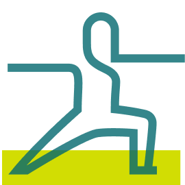 Stylized human figure in a yoga pose on a yellow mat