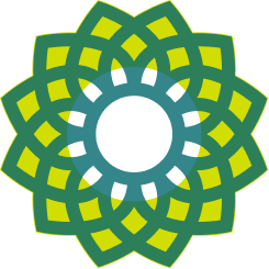 A colorful geometric pattern resembling a flower or mandala with green, yellow, and black elements.