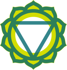 A geometric design featuring a green lotus flower with an inner dark circle and a downward-pointing blue triangle inside it.