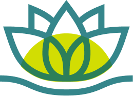 A stylized lotus flower with green and teal colors.