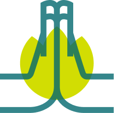 Stylized logo featuring a bridge with a heart shape, surrounded by circular yellow background and green lines.