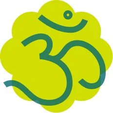 Green and yellow stylized Om symbol with a smiling face