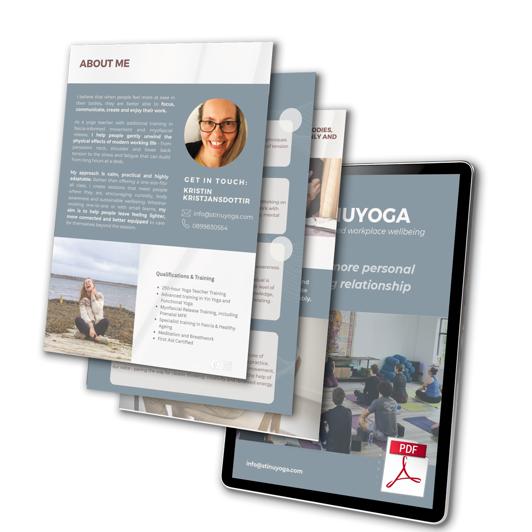 StinuYoga classes, workshops and wellness offerings displayed as a brochure on digital devices.