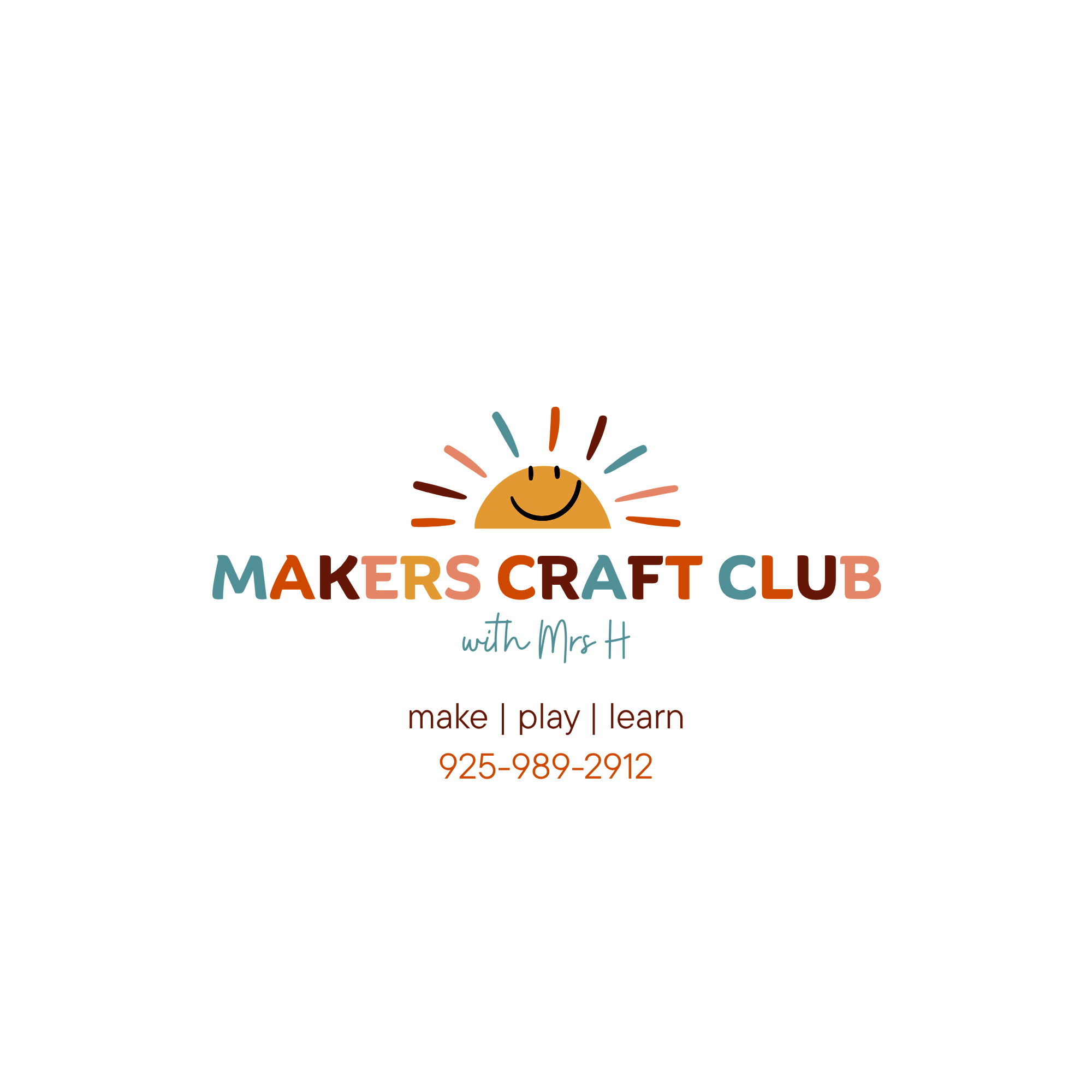 Logo for Makers Craft Club with Mrs H, featuring a smiling sun illustration, colorful text, and a contact number.