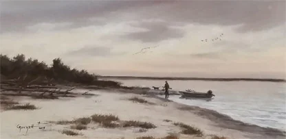 A person on a boat near the shoreline with a flock of birds flying in the sky.