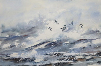 A watercolor painting of rough ocean waves with seagulls flying above.