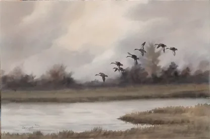 A watercolor painting of a flock of ducks flying over a river with tall grasses and trees in the background.