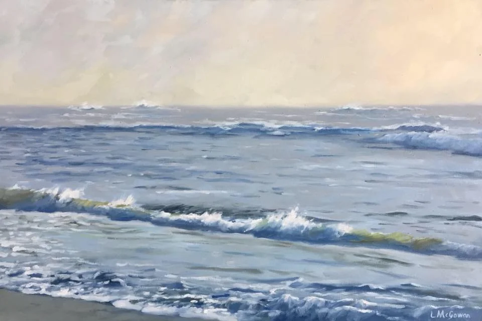 Painting of the ocean with waves and a cloudy sky