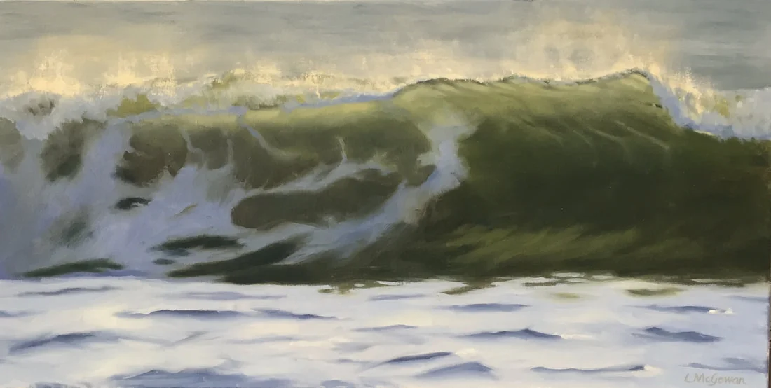 Painting of a large ocean wave at the beach during daytime.
