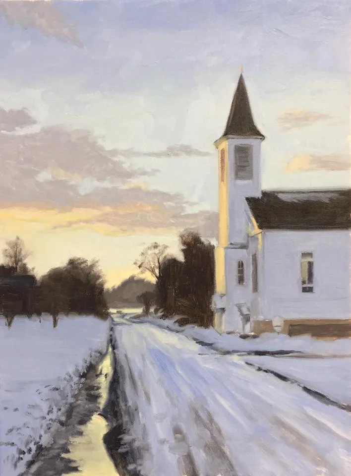 Painting of a winter scene with a church and a snow-covered road at sunset.