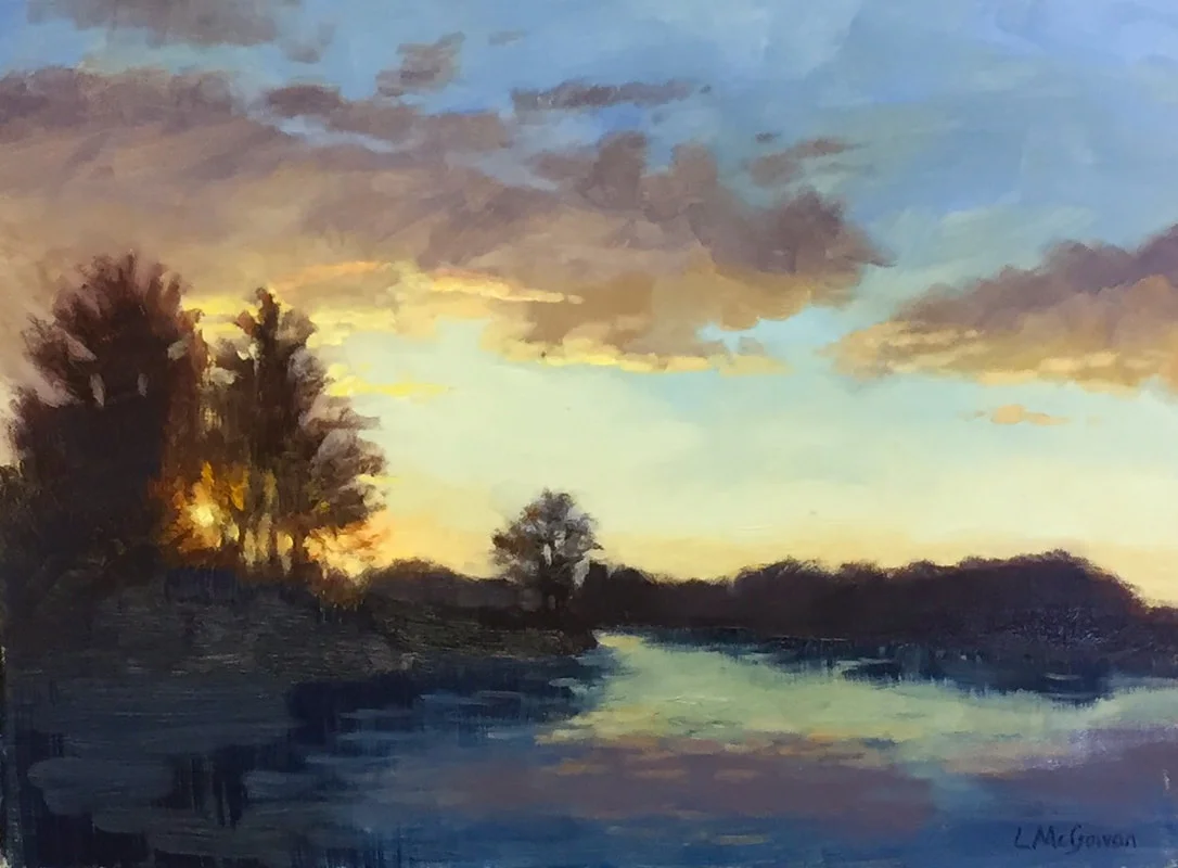 A landscape watercolor painting of a river at sunset, with trees on the left and clouds in the sky.