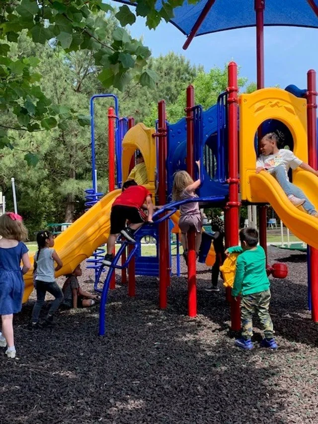 Children playing on a colorful playground with slides and climbing structures at a park, surrounded by trees.