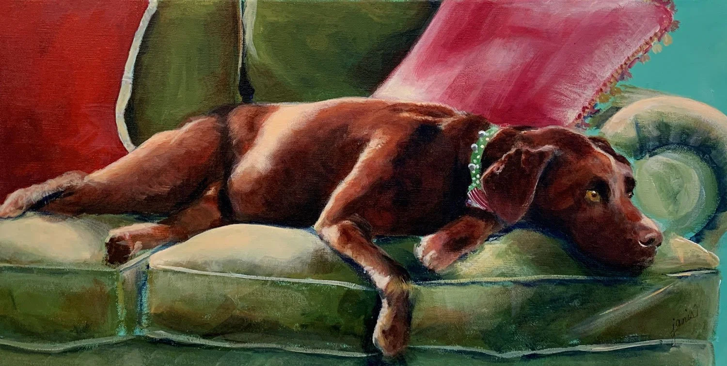 A painting of a brown dog lying on a green couch with decorative pillows in pink and mint green.
