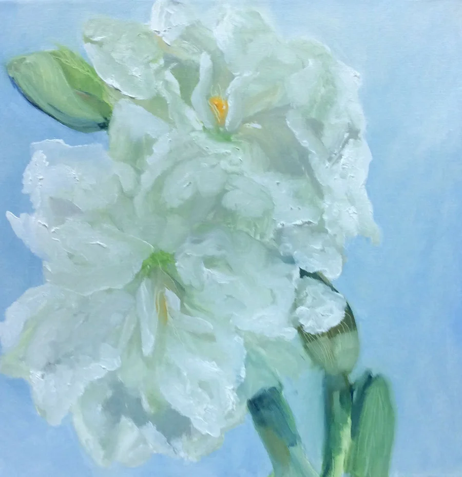 A painting of white irises with green buds and stems against a blue background.