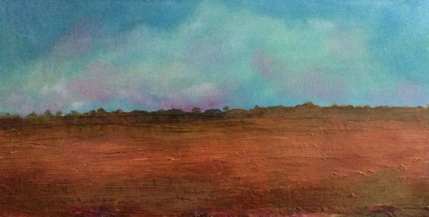 A painted landscape of a open field with a cloudy sky.
