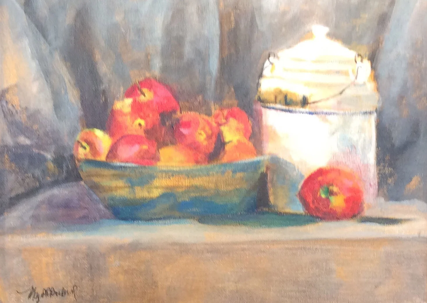 Still life painting of a bowl of red and yellow apples and a jar on a table with a dark background.