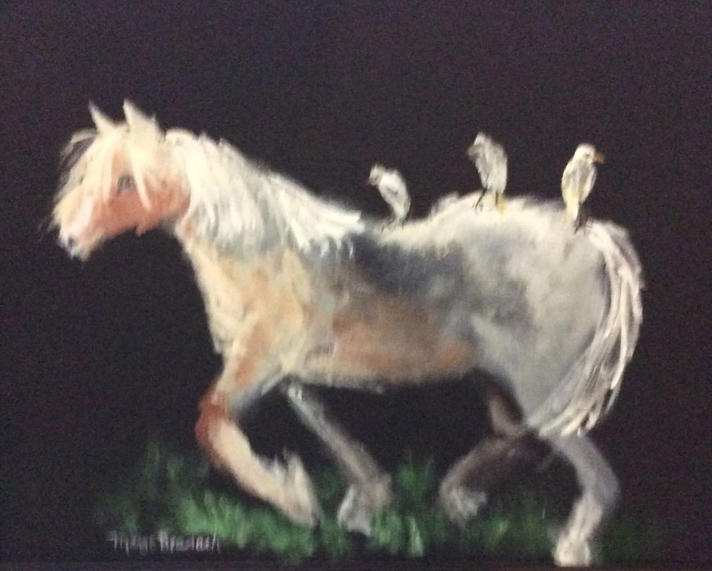 Painting of a white horse with three small birds perched on its back, against a dark background.