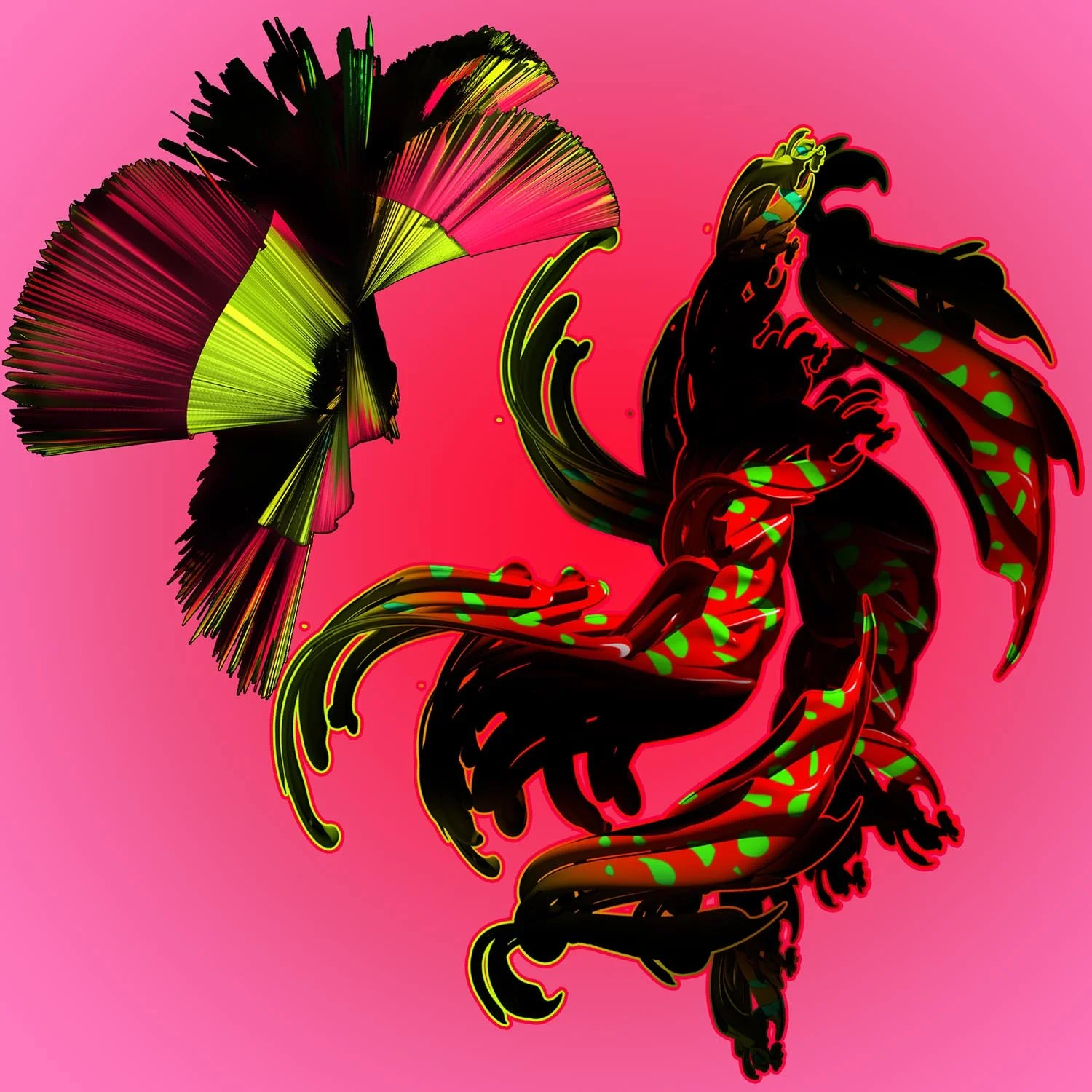 Digital illustration of a stylized dragon with black, red, green, and yellow colors, set against a pink gradient background.