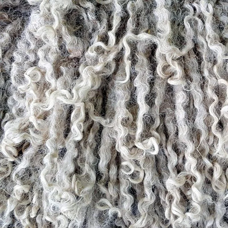 Close-up photo of curly, frizzy, grayish-white hair fibers.