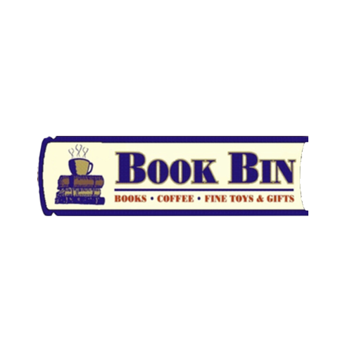 Sign for Book Bin, a store selling books, coffee, fine toys, and gifts, with a logo of a mug and books.