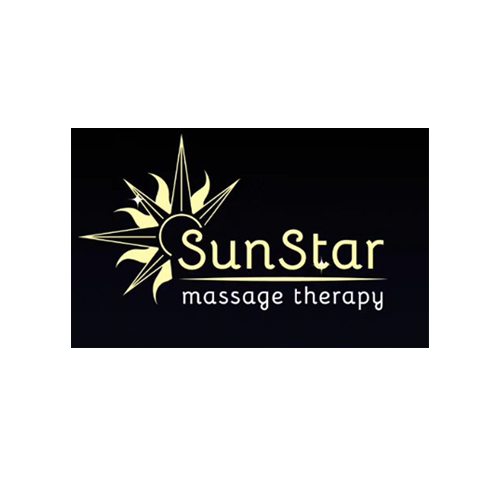 Logo with a stylized sun and compass design for SunStar Massage Therapy.