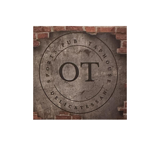 A circular logo on a brick wall reading 'OT' in the center, with surrounding text 'Sports Pub Taphouse Delicatessen'.