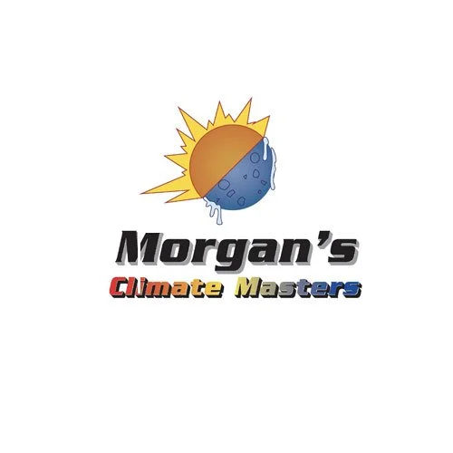 Logo for Morgan's Climate Masters featuring a stylized sun and moon with ice dripping, and bold text with 'Morgan's Climate Masters'.