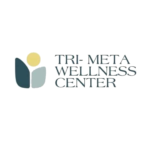 Logo of Tri-Meta Wellness Center with abstract human figure in dark teal, light teal, and yellow colors.