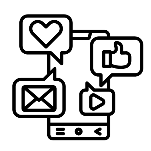 Line drawing of a smartphone with social media icons: heart, thumbs up, envelope, and play button, connected by lines.