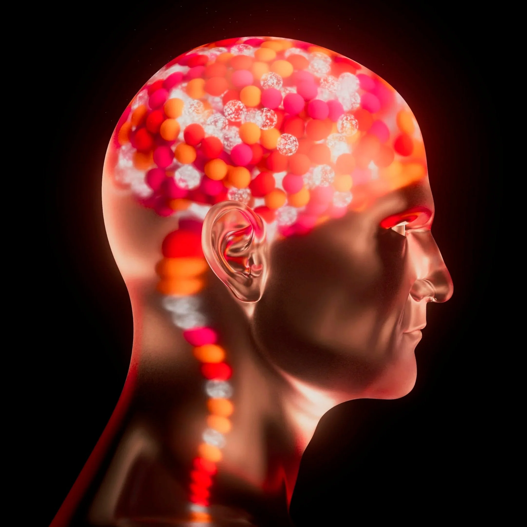 A digital illustration of a human head in profile with a transparent skin, showing the brain filled with pink, orange, and red spheres and a portion of the spinal cord.