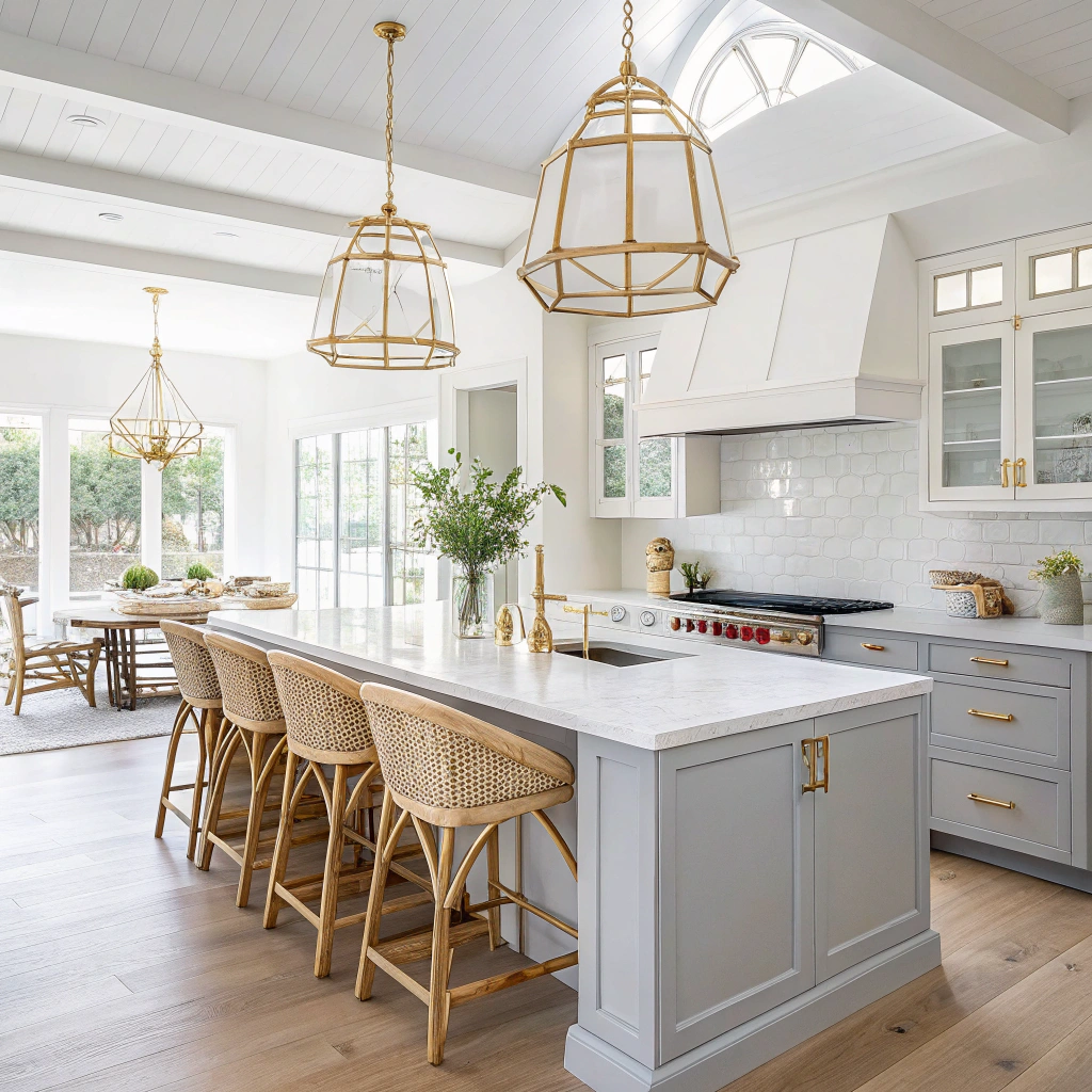Modern white kitchen with a large island, light wood bar stools, white cabinets with gold hardware, and gold pendant lights, with a dining area in the background near large windows.