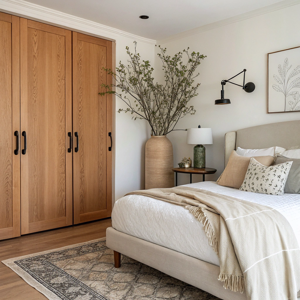 A cozy bedroom corner with a bed, decorative pillows, a side table with a lamp, a tall vase with branches, and a wooden closet with black handles.