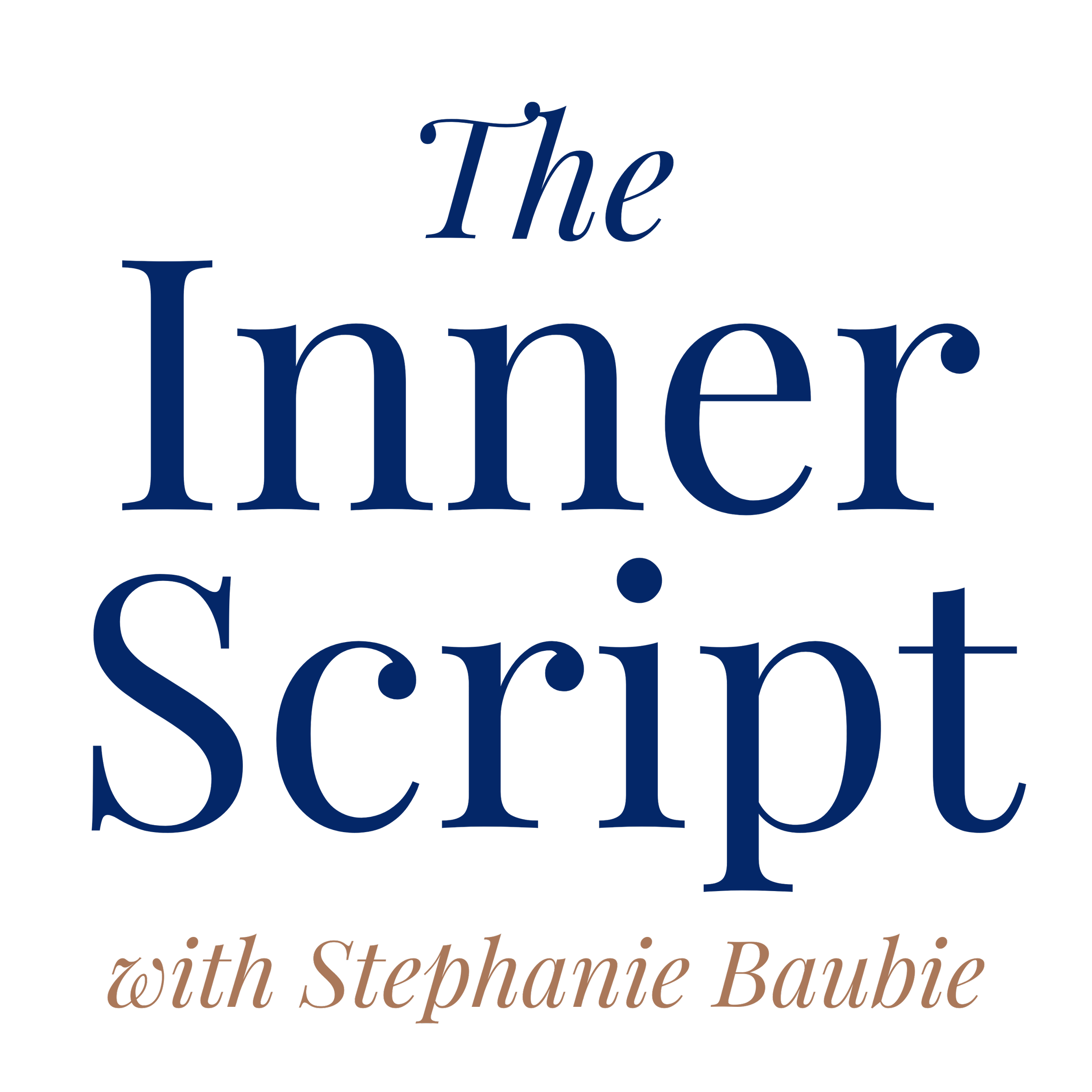 An elegant graphic design featuring the words "The Inner Spring" in large, dark blue font with a elegant cursive style, and the words "with Stephanie Bouque" in smaller, light brown cursive font below.