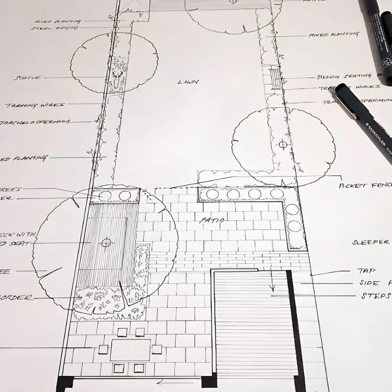 A detailed landscape design plan with labeled areas for lawn, patio, trees, seating, pathways, fencing, and other features for an outdoor yard.