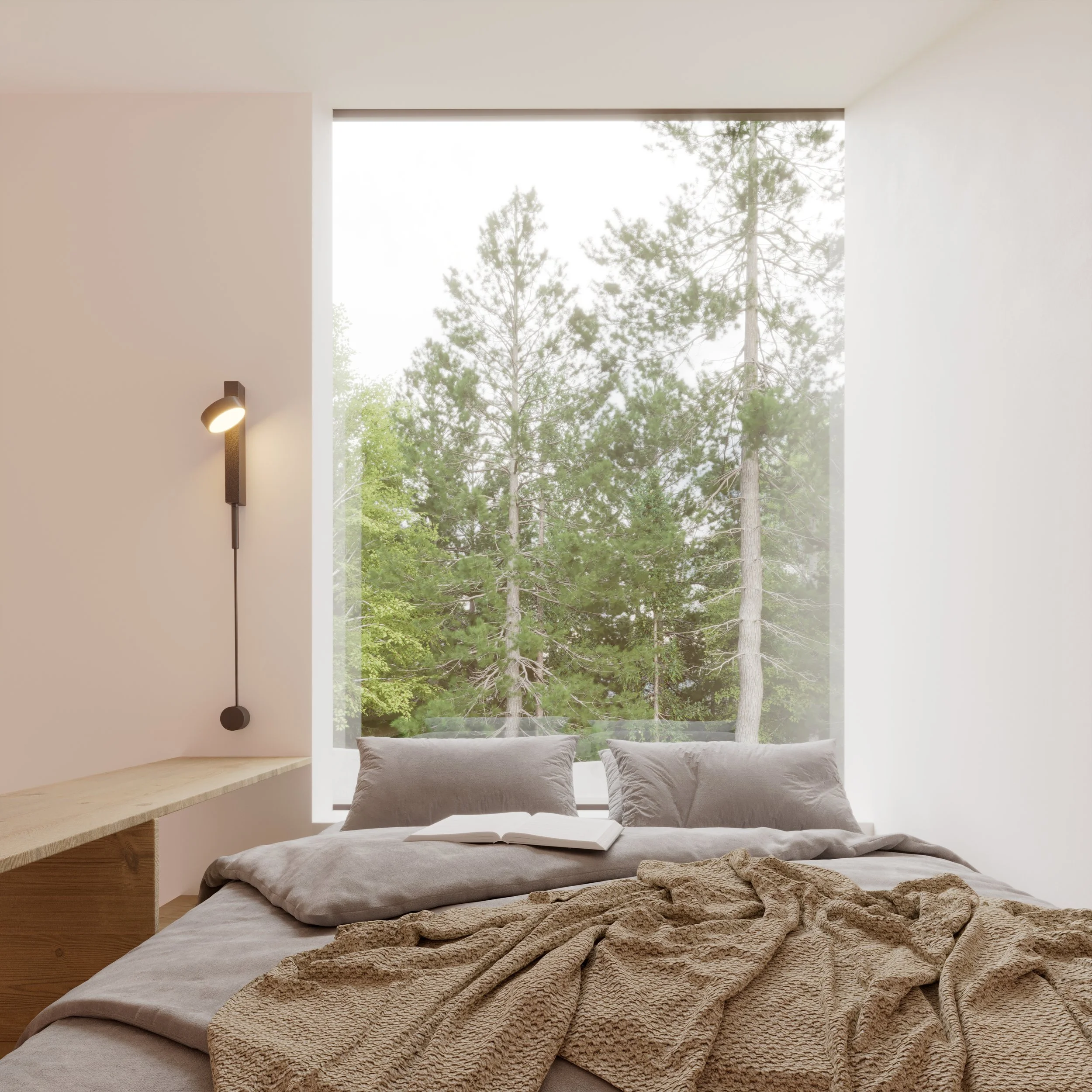 Bedroom with large window showing trees outside, bed with gray pillows and beige blanket, open book on bed, and wall-mounted light fixture.