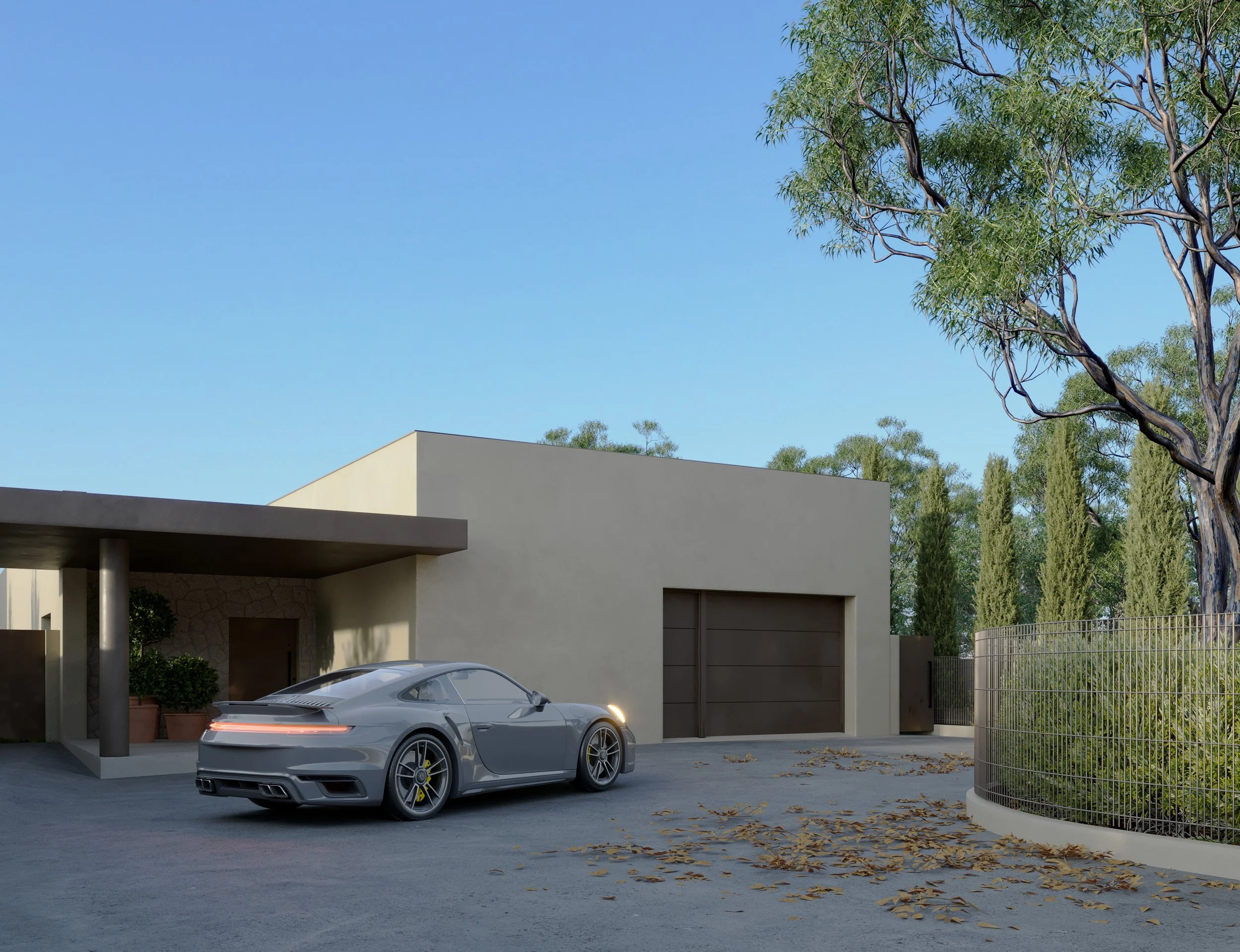Modern house with a gray sports car parked in the driveway, trees, and a clear blue sky.