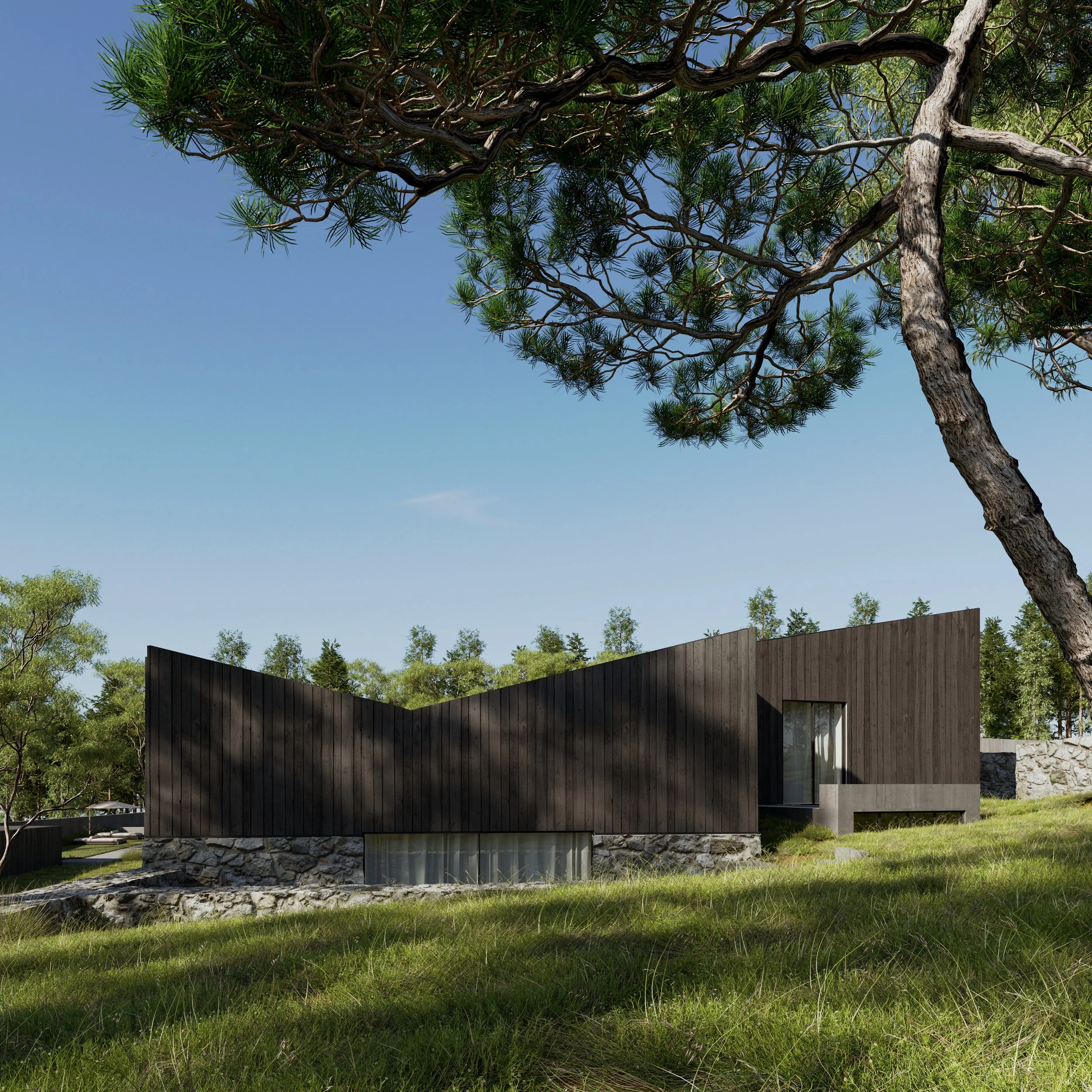Modern house with dark wooden exterior walls and stone foundation, set in a grassy area with trees and blue sky.