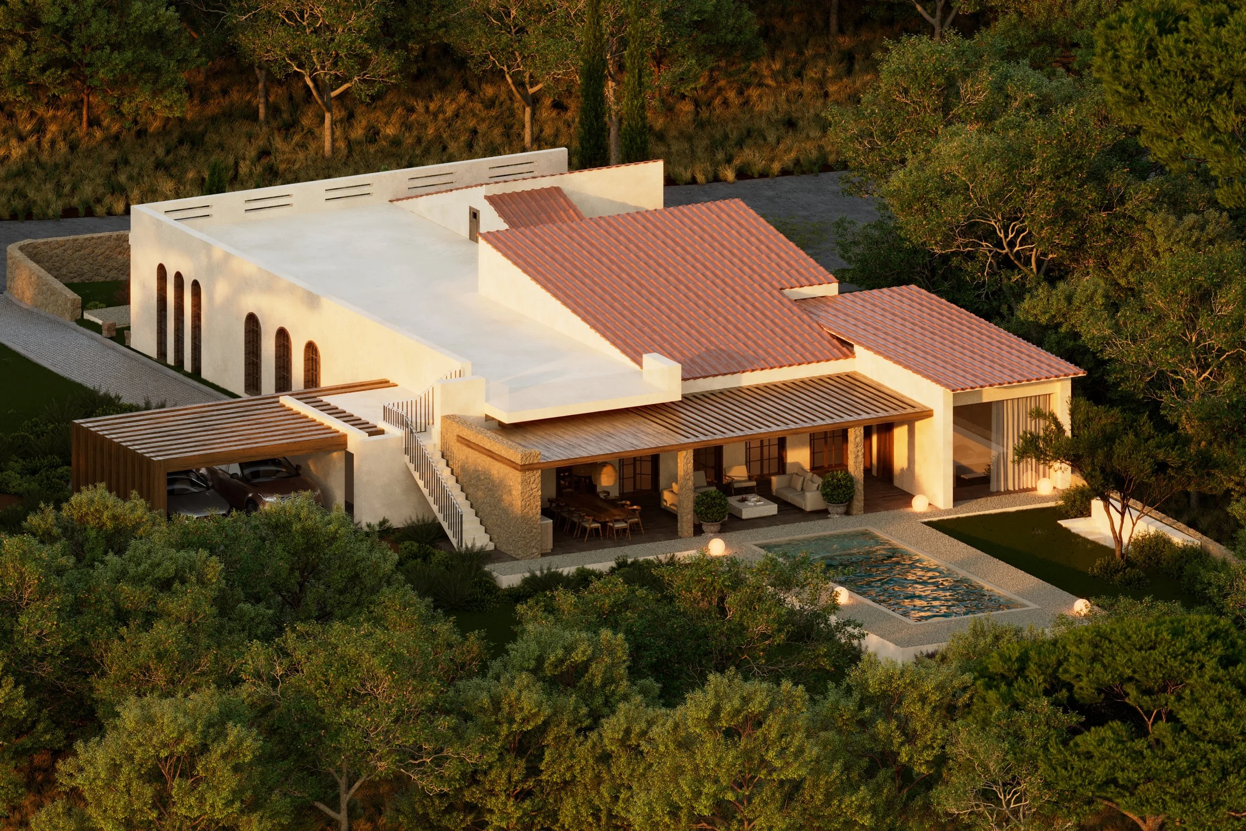 A modern house with white walls, a red tiled roof, and outdoor seating area, surrounded by trees and a well-maintained garden with a small pool.