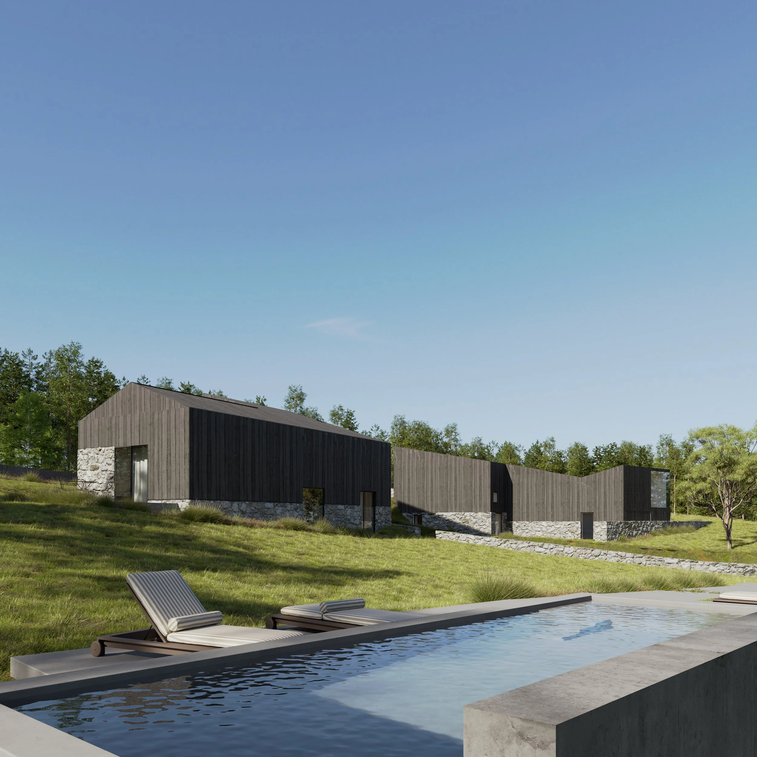 Modern house with black wooden exterior, stone foundation, on a grassy hill with pool and lounge chairs in the foreground, under a clear blue sky.