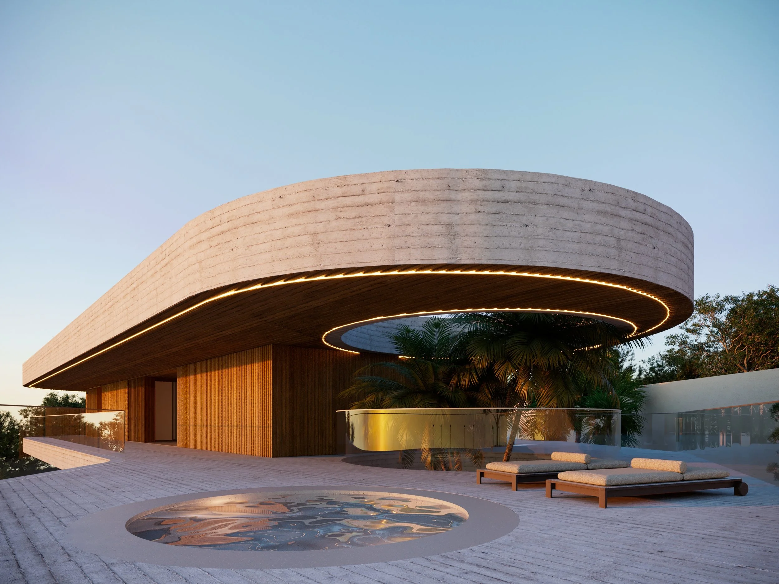 Modern house with a curved concrete roof and wooden walls, outdoor lounge chairs, and lush greenery, during sunset.